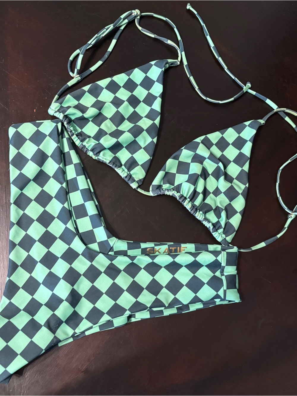 SKATIE 💚🖤 Mint and Black Checkerboard Triangle Bikini Set